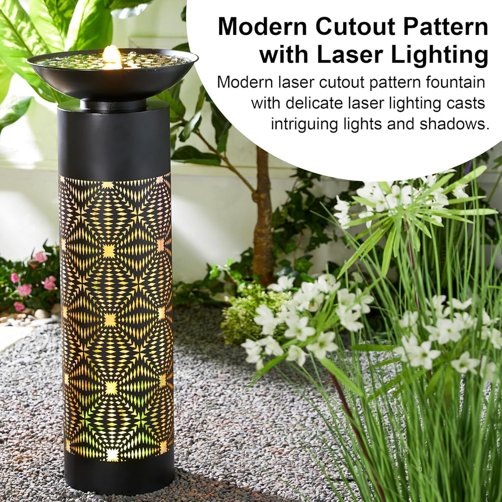 Glitzhome Modern Black Metal Cutout Water Fountain - 36'' Outdoor Bird Bath Fountain with LED Light & Pump - Freestanding Waterfalls Garden Fountains for Patio Backyard Porch Patio Decor