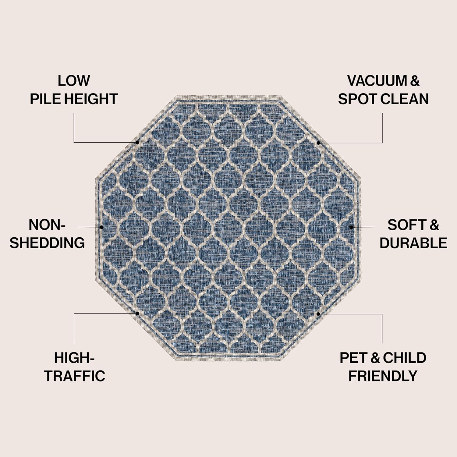 Eyely BMS109D-8TGN Trebol Moroccan Trellis Textured Weave Navy/Gray 8' Octagon Indoor/Outdoor Area Rug, Navy/Gray, 8' Octagon, Indoor/Outdoor, Area Rug