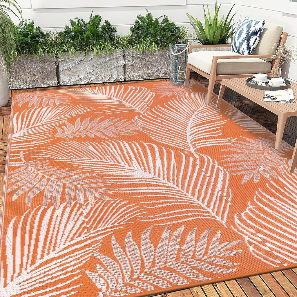 Pauwer Waterproof Outdoor Rug 6x9, Reversible Plastic Straw Patio Camping Rug, Indoor Outdoor RV Mat Carpet for Deck, Camper, Porch, Balcony, Backyard, Picnic, Leaf Orange