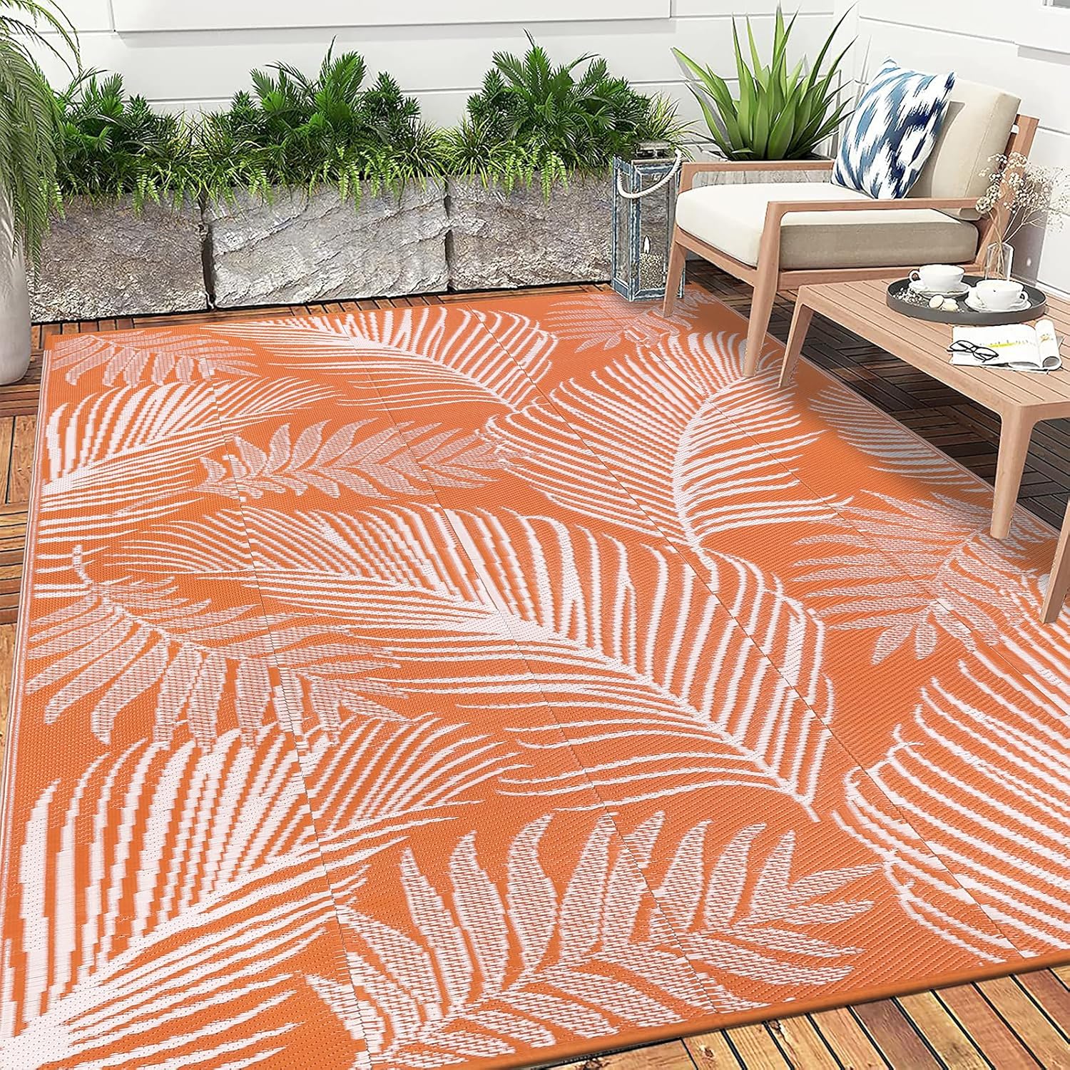 Pauwer Waterproof Outdoor Rug 6x9, Reversible Plastic Straw Patio Camping Rug, Indoor Outdoor RV Mat Carpet for Deck, Camper, Porch, Balcony, Backyard, Picnic, Leaf Orange