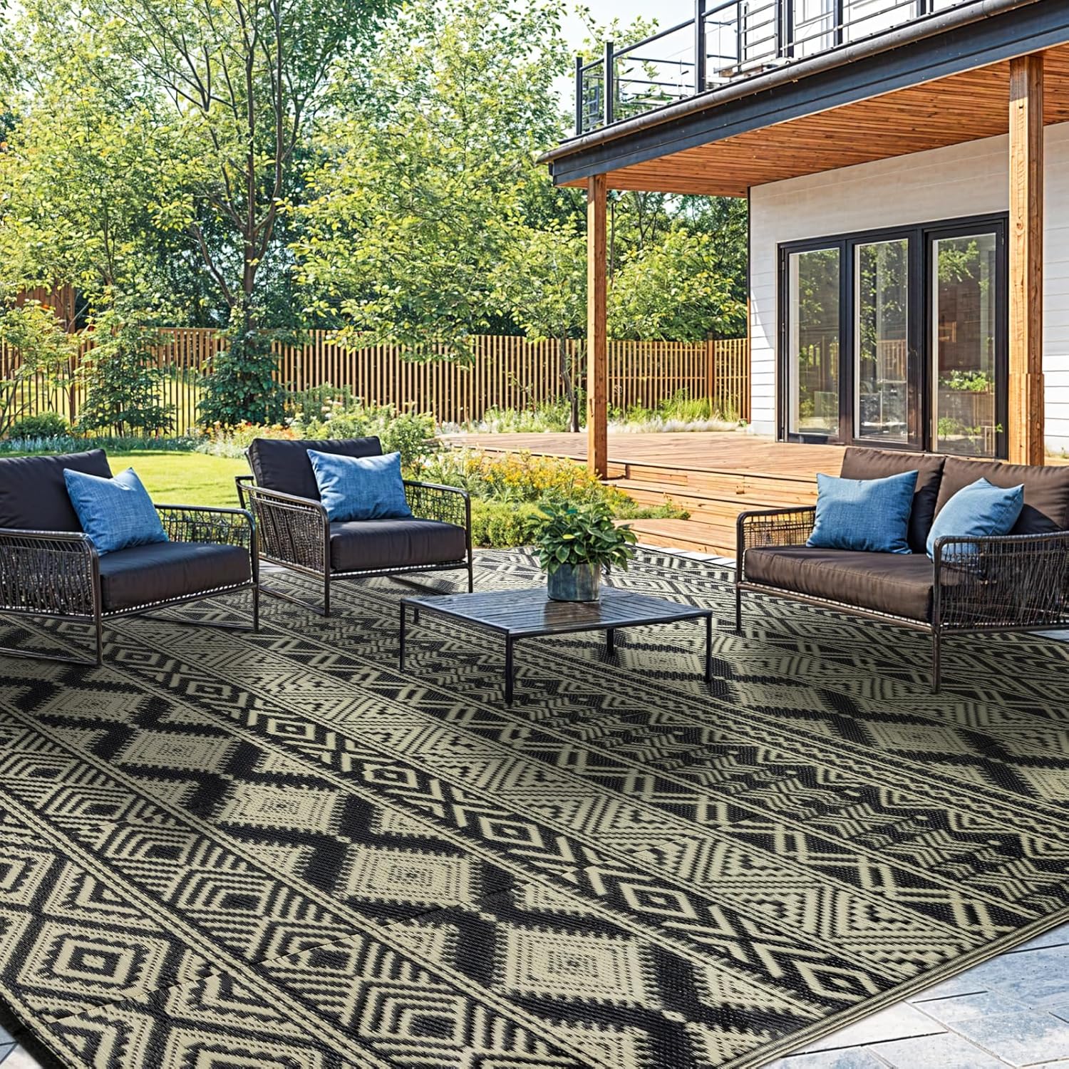 8'x10' Plastic Outdoor Rug - Plastic Straw Rug-Heavy-Duty Waterproof Mat, UV & Fade Resistant for Patio, Camping, RV, Deck, Balcony(8x10,Black&Beige)