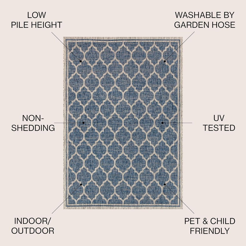 Eyely BMS109D-6 Santa Monica Trebol Moroccan Trellis Textured Weave, Pet Friendly, Non-Shedding, Stain Resistant, Easy-Cleaning, Navy/Gray, 6 ft. x 9 ft., Indoor/Outdoor, Area Rug