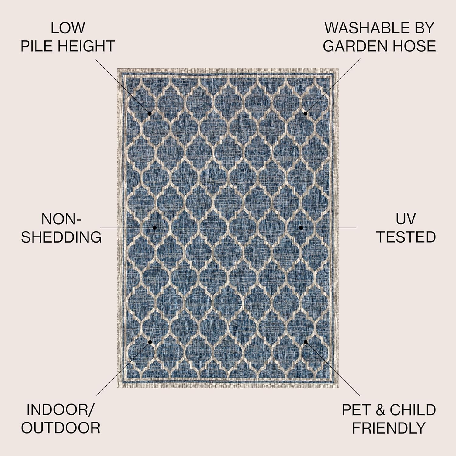 Eyely BMS109D-14 Santa Monica Trebol Moroccan Trellis Textured Weave, Pet Friendly, Non-Shedding, Stain Resistant, Easy-Cleaning, Navy/Gray, 10 ft. x 14 ft., Indoor/Outdoor, Area Rug