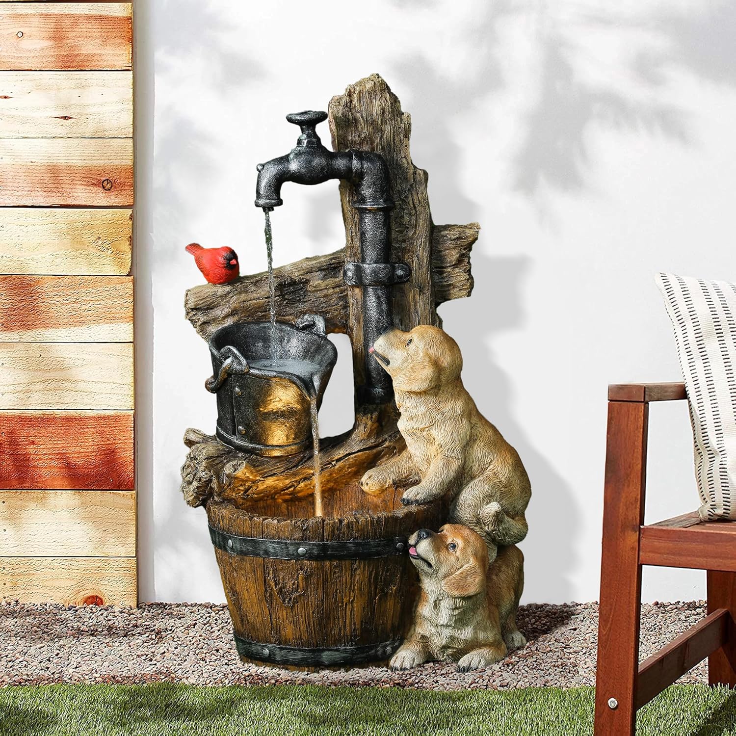LuxenHome Water Fountain Outdoor, 30" Rustic Outdoor Water Fountain with LED Lights, Rustic Barrel Puppy and Pump Water Feature Outdoor, Garden Fountains Outdoor Patio, Porch, or Indoor Entryway