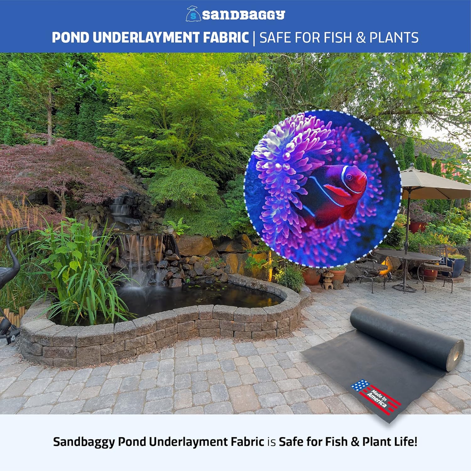 Sandbaggy Geotextile Pond Underlayment Padding | Made in USA | 50 YEAR Life* | Non Woven Fabric Protects Pond Liner From Damage | Made of Industrial Grade DOT Approved Fabric (10 ft x 15 ft or 150 sq ft)