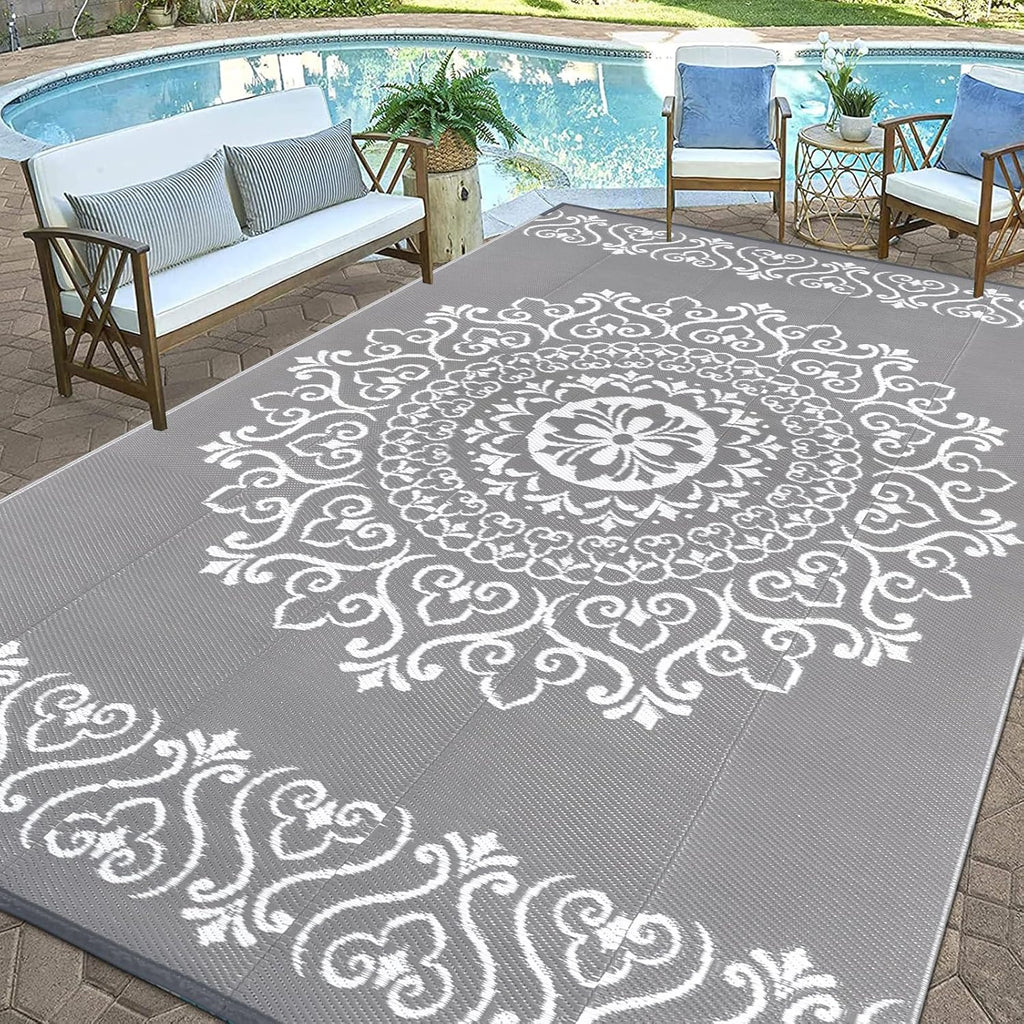 Pauwer Waterproof Outdoor Rug 9x12, Reversible Plastic Straw Patio Camping Rug, Indoor Outdoor RV Mat Carpet for Deck, Camper, Porch, Balcony, Backyard, Picnic, Floral Grey