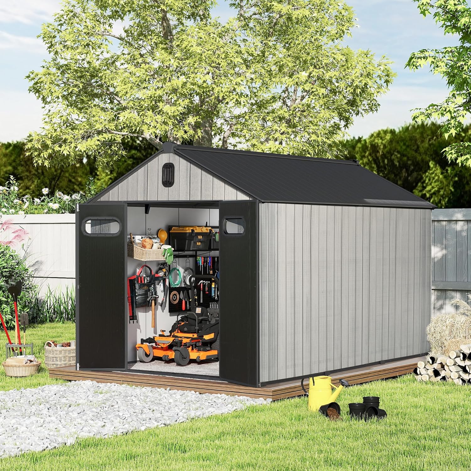 Domi 8x12 FT Outdoor Resin Storage Shed, All-Weather Double-Wall Storage Building for Backyard, Garden, Lawn Tools, Mower, Bike & Pool Equipment, Lockable Doors, Ventilated Roof, Grey