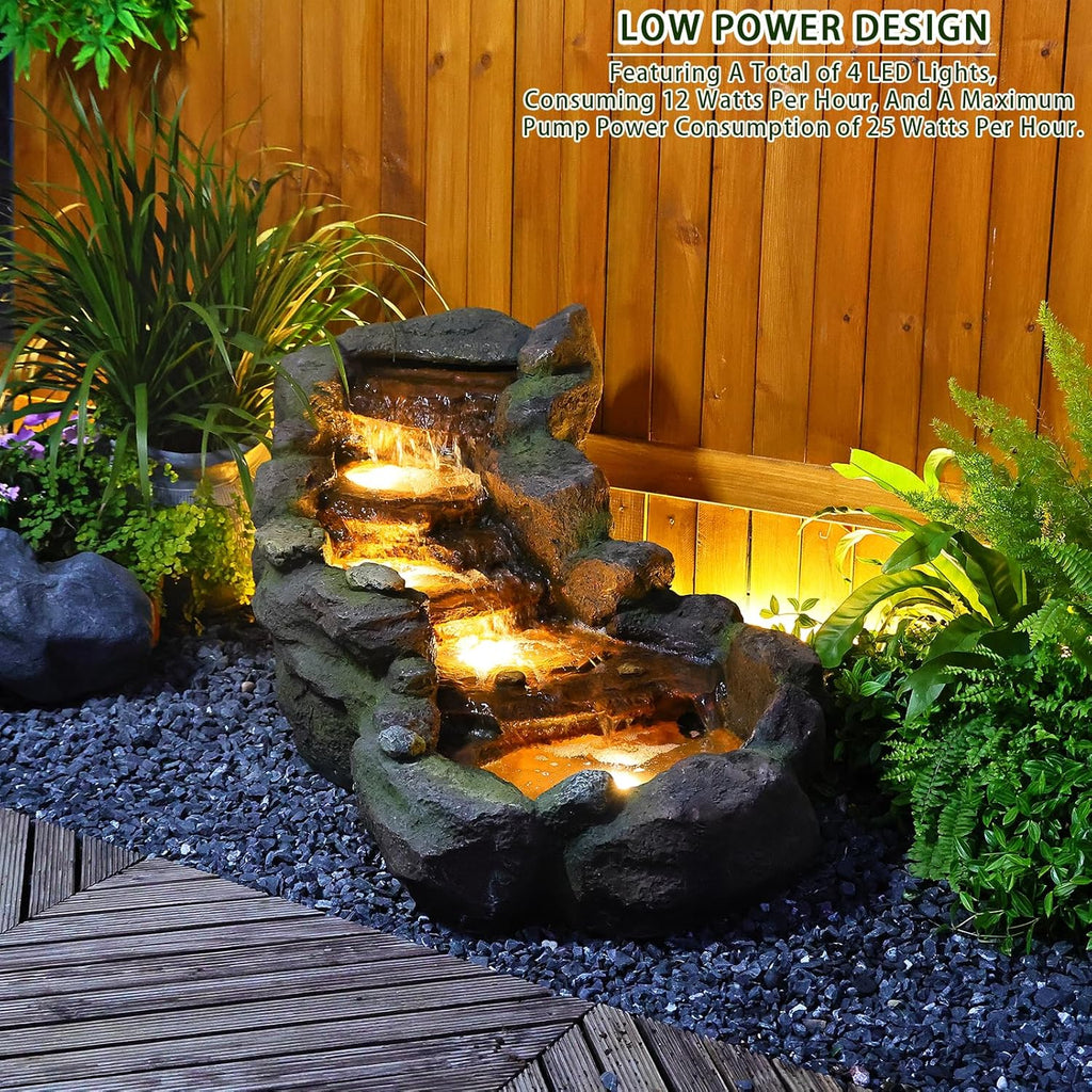 Garden Outdoor Water Fountain, 42.1" L Floor Standing Tiered Rock Outdoor Fountains with LED Lights and Pump for Garden, Backyard, Deck, Patio, Porch and Home Art Decor