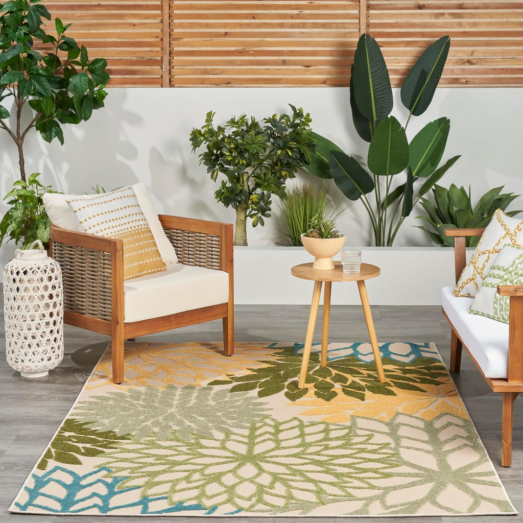 Nourison Home Aloha Tropical Indoor/Outdoor Green Multicolor 6' x 9' Area Rug, Easy Cleaning, Non Shedding, Bed Room, Living Room, Dining Room, Backyard, Deck, Patio (6x9)