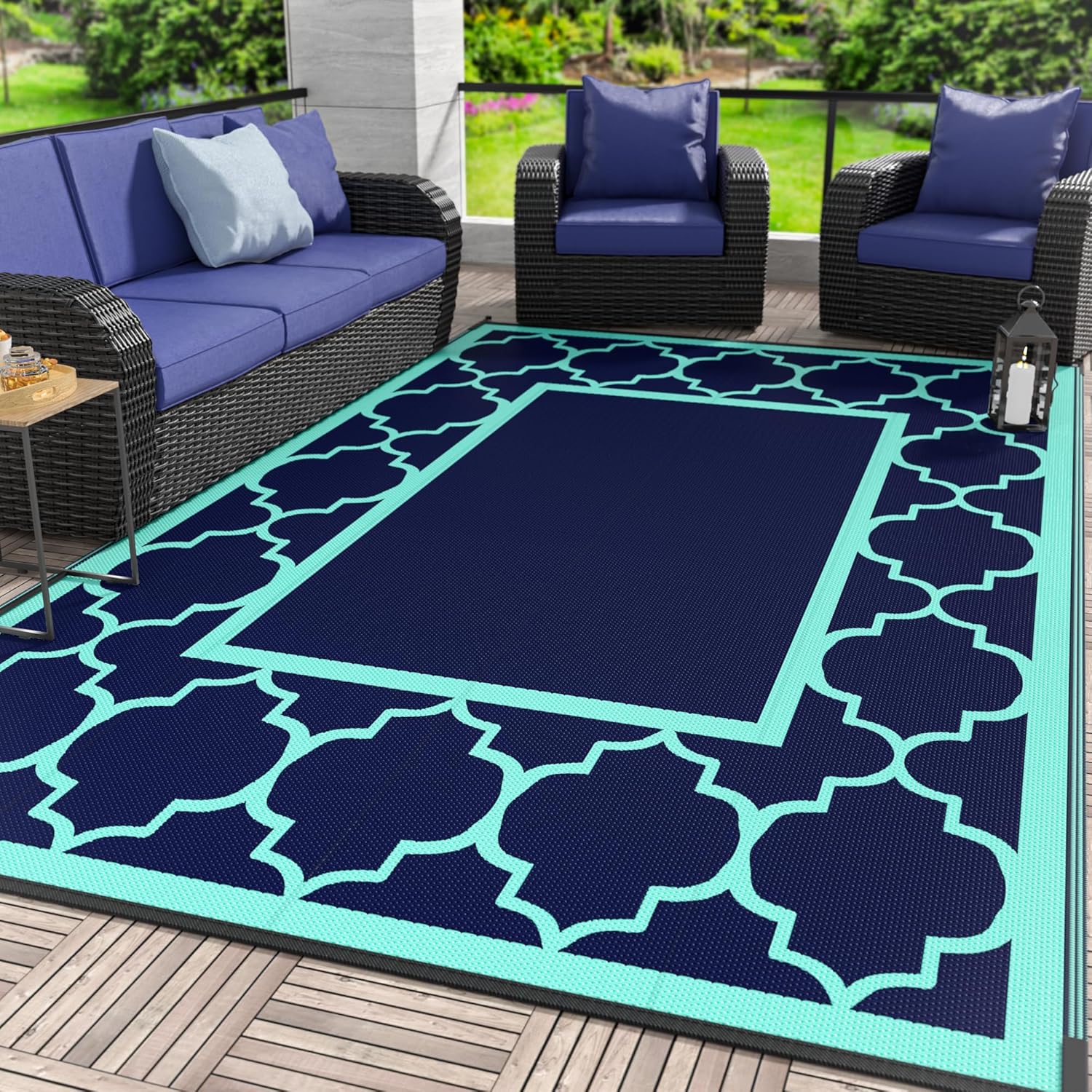 GENIMO 8 ' x 10 ' Outdoor Rug for Patio, Waterproof Indoor Outdoor Plastic Straw Rugs Carpet, Reversible Outside Area Mat for Camping, Balcony Porch, Deck, Picnic, Beach Navy Blue & Jade Green