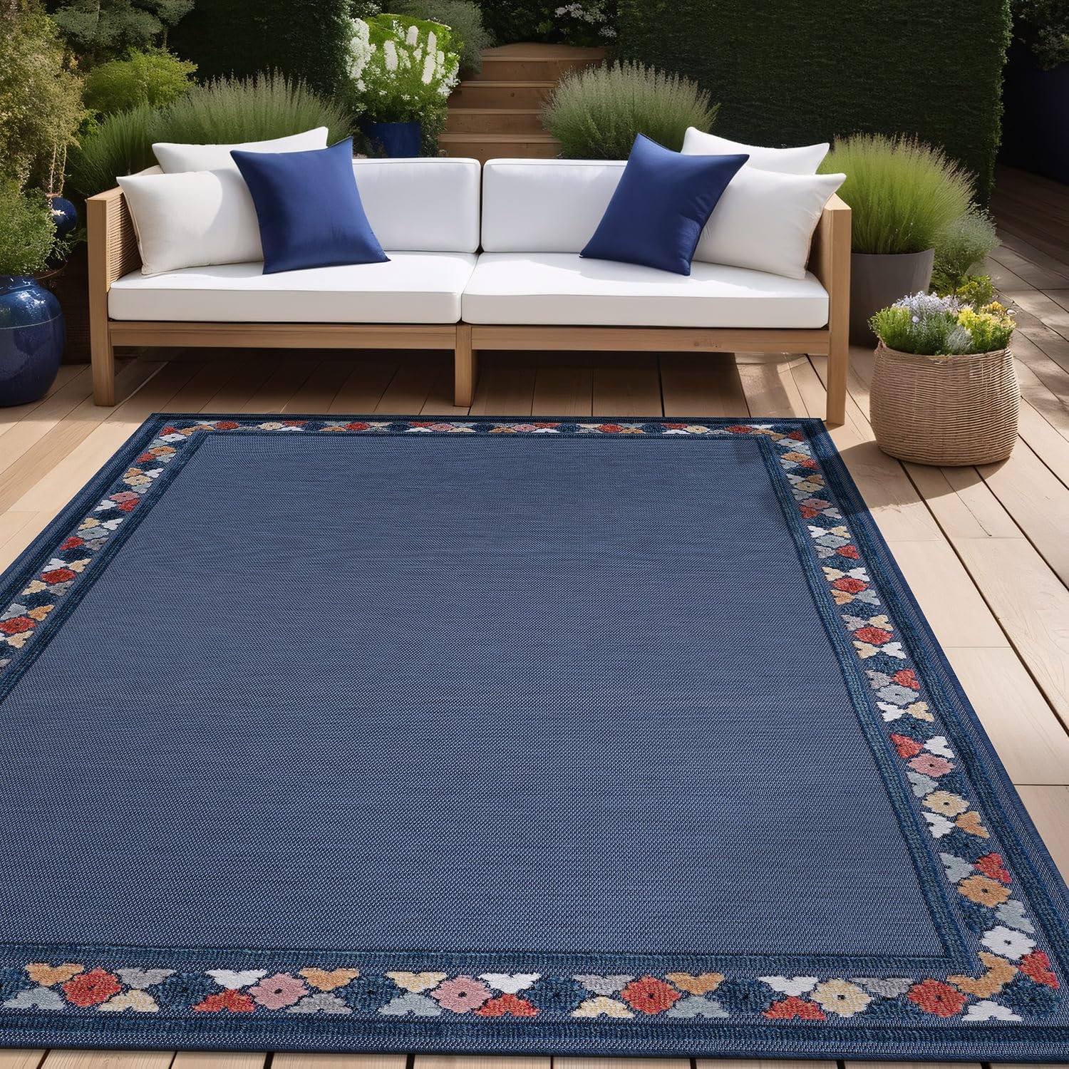 Beverly Rug Outdoor Rug 6x9 Modern Bordered Area Rugs for Indoor and Outdoor Patio Easy to Clean Non Shedding Living Room Porch Garden Washable Outside Carpet (6 x 9 Blue)