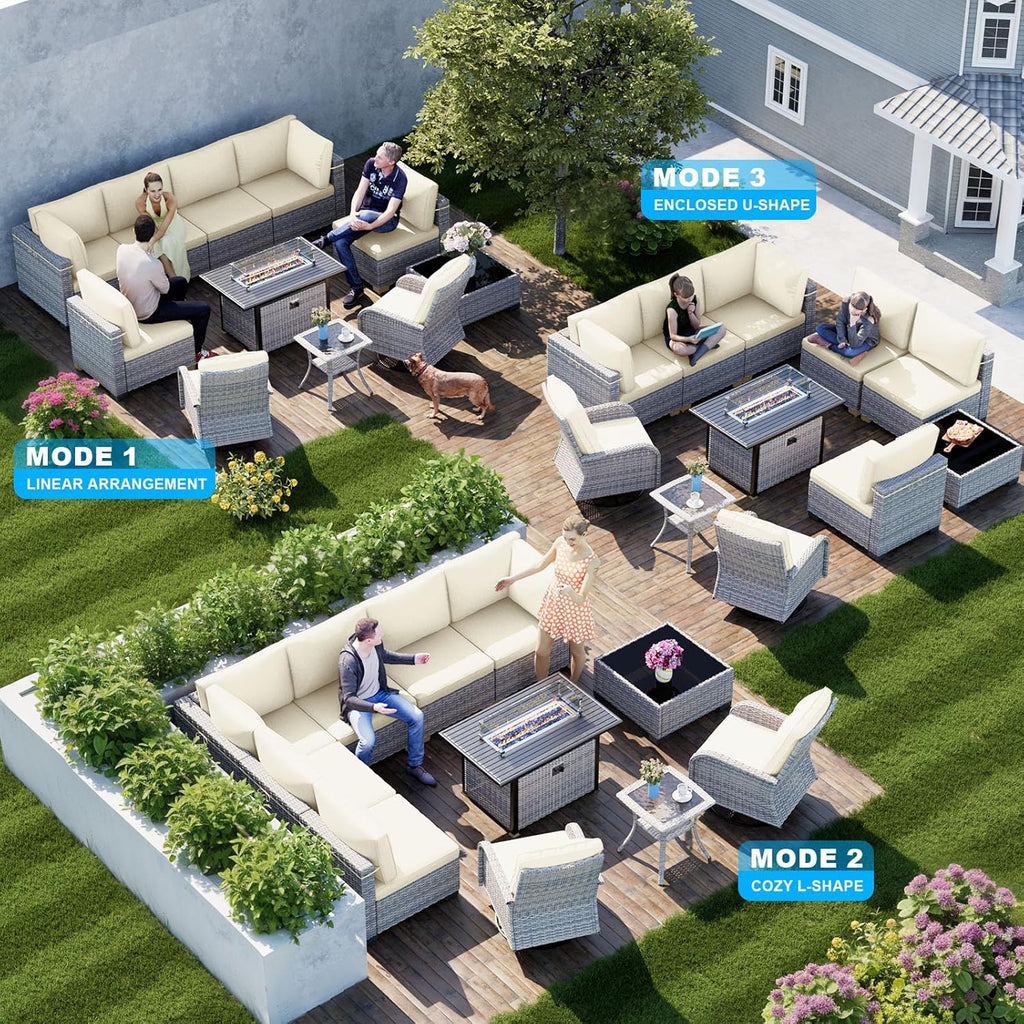 11-Piece Patio Furniture Set, Outdoor Patio Furniture with 55,000 BTU Fire Pit Table, Swivel Chairs Set, Thick Cushions, Modular Patio Sofa, Dual-Strand Wicker Rattan, Rust-Resistant Frame, Ivory
