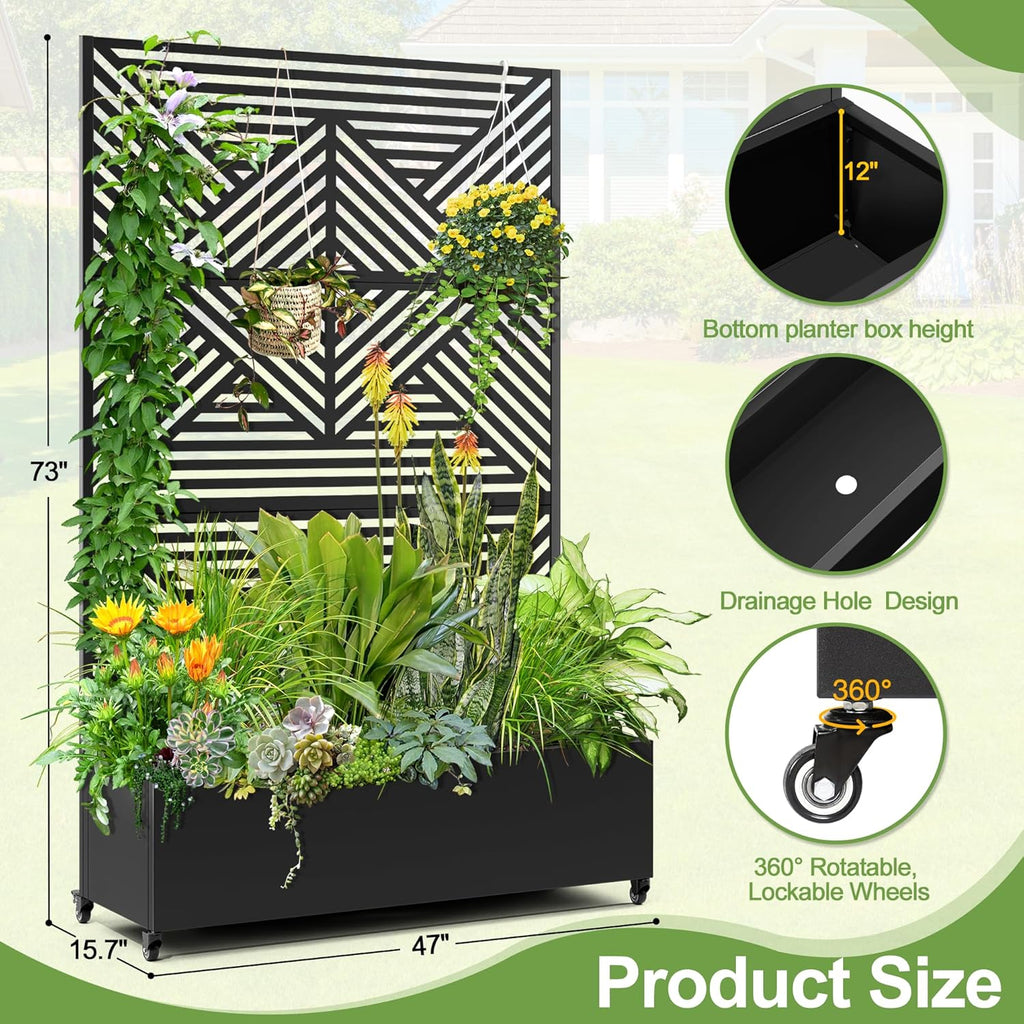 Raised Garden Bed with Trellis and Wheels,73"x47"x16" Metal Raised Garden Bed,Black Diamond Metal Planter with Climbing Trellis for Vines & Vegetables