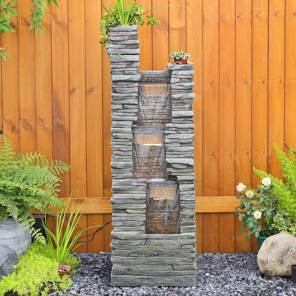 47 in High Water Fountain Outdoor Garden 3 Tier Cascading Large Outdoor Fountains and Waterfalls with LED Lights for Garden, Patio, Backyard, Deck, Porch and Home Art Decor, Natural Stones