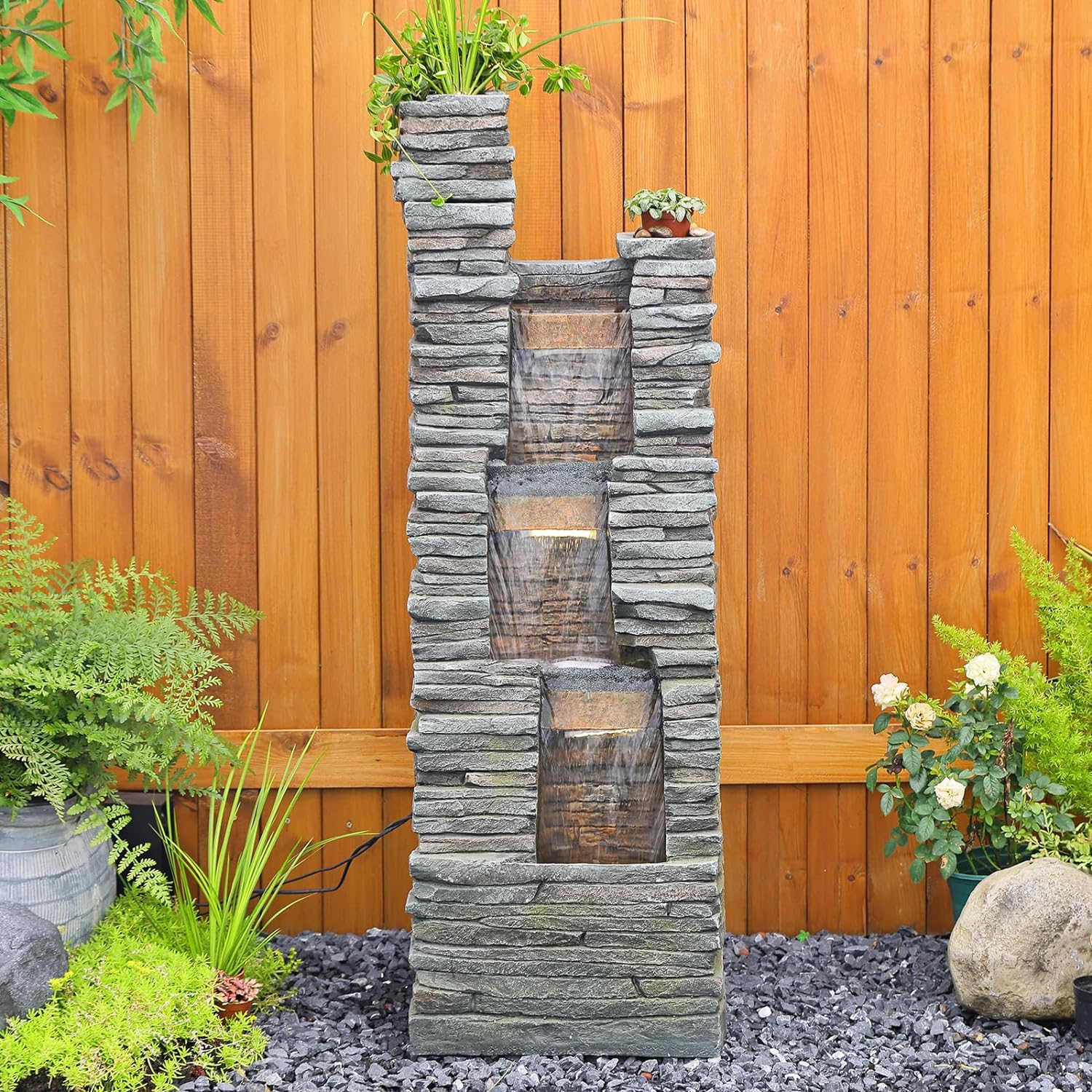 47 in High Water Fountain Outdoor Garden 3 Tier Cascading Large Outdoor Fountains and Waterfalls with LED Lights for Garden, Patio, Backyard, Deck, Porch and Home Art Decor, Natural Stones