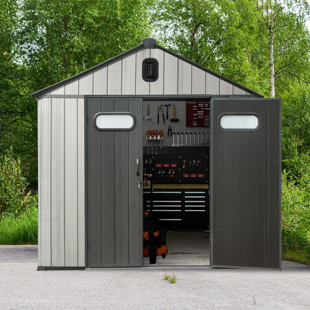 Domi 8x12 FT Outdoor Resin Storage Shed, All-Weather Double-Wall Storage Building for Backyard, Garden, Lawn Tools, Mower, Bike & Pool Equipment, Lockable Doors, Ventilated Roof, Grey