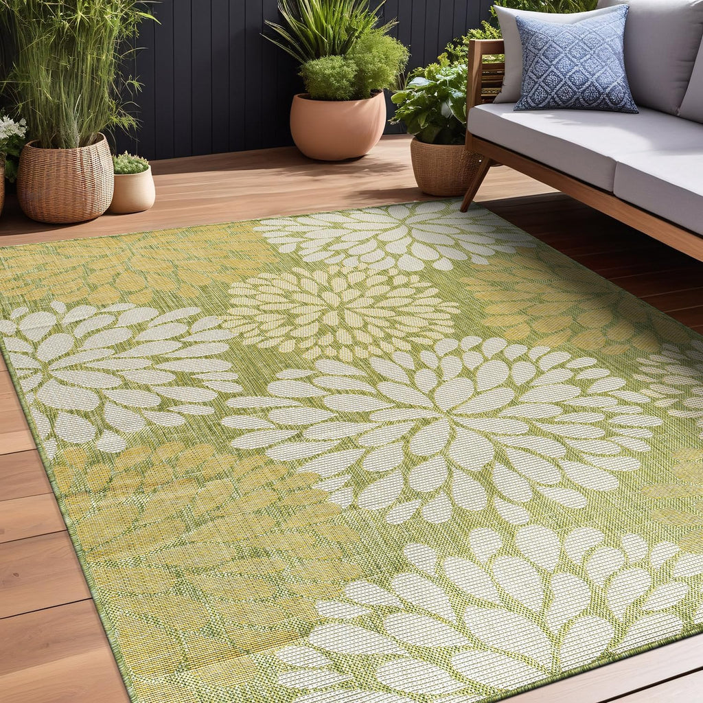 Beverly Rug Outdoor Rug 8x10 Modern Exotic Tropical Leaf Area Rugs for Indoor and Outdoor Patio Deck Porch Garden Water Resistant Washable Outside Carpet (8 x 10 Green)