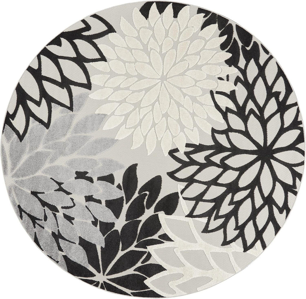 Nourison Aloha Indoor/Outdoor Black White 7'10" x Round Area Rug, Tropical, Botanical, Easy Cleaning, Non Shedding, Bed Room, Living Room, Dining Room, Deck, Backyard, Patio (8 Round)