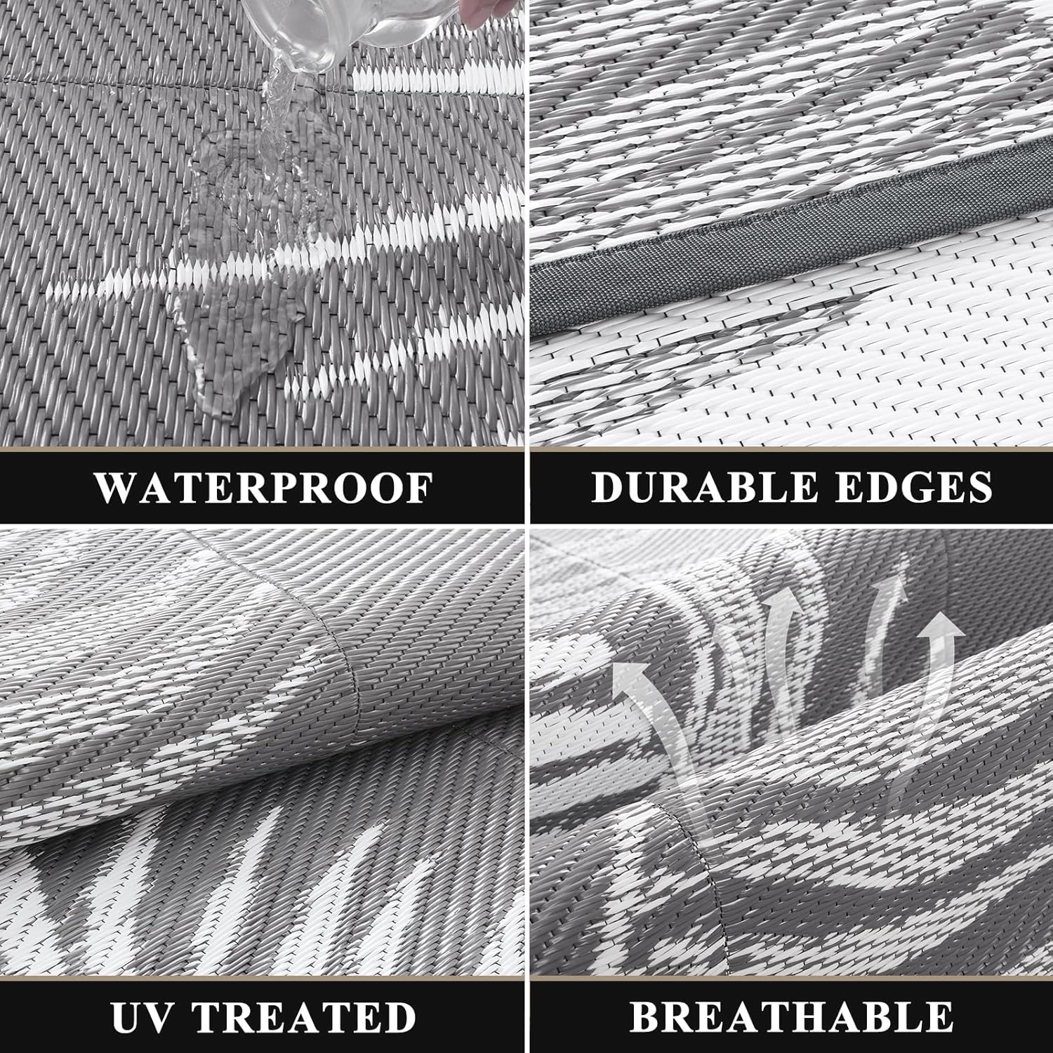 Pauwer Waterproof Outdoor Rug 8x10, Reversible Plastic Straw Patio Camping Rug, Indoor Outdoor RV Mat Carpet for Deck, Camper, Porch, Balcony, Backyard, Picnic, Leaf Grey