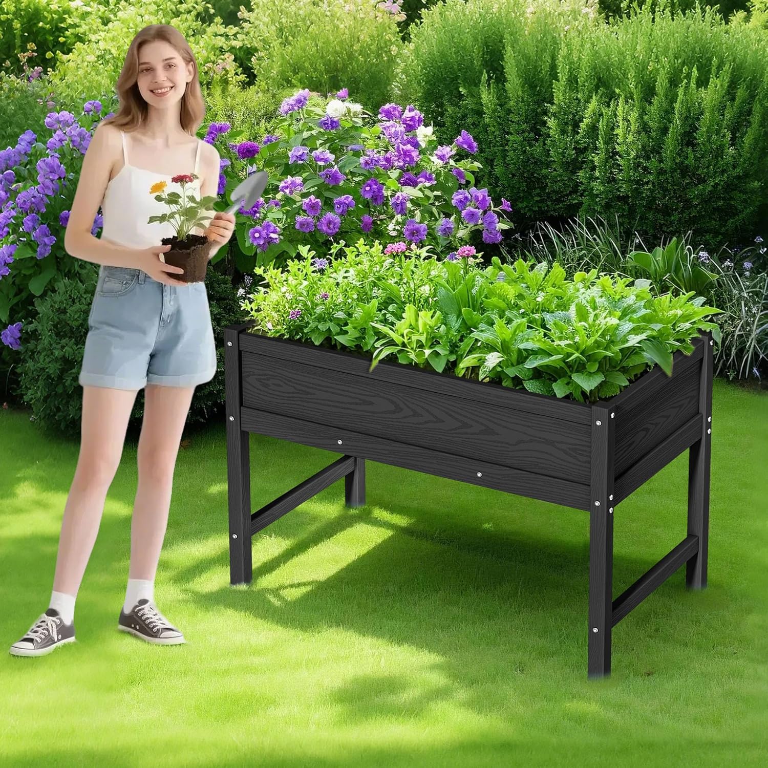 Raised Garden Bed Outdoor with Legs,HDPE Elevated Planter Box Rot-Resistant and Non-Cracking,Raised Beds for Gardening for Backyard, Patio, Balcony, 300lb Capacity Black