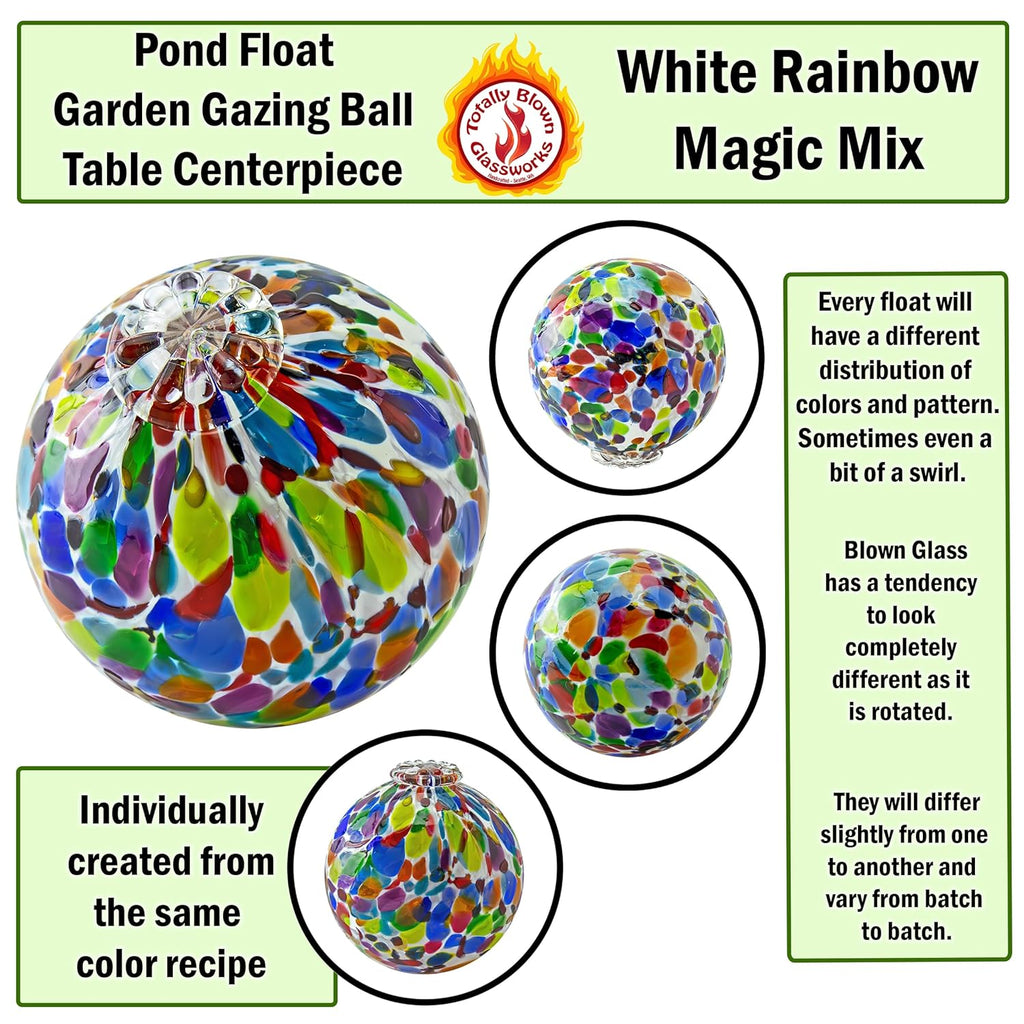 Pond Float. Handmade Blown Glass, Garden Gazing Ball, Table Centerpiece, Assorted sizes available. Home and Patio Decor. Artist Dehanna Jones. Seattle, WA. (White Rainbow MM)
