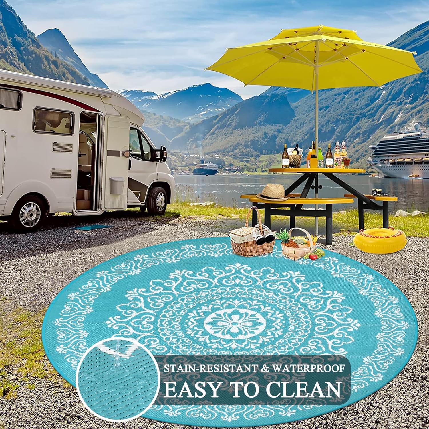 Pauwer Waterproof Outdoor Rug 8ft, Reversible Plastic Straw Patio Camping Rug, Indoor Outdoor RV Mat Carpet for Deck, Camper, Porch, Balcony, Backyard, Picnic, Floral Teal