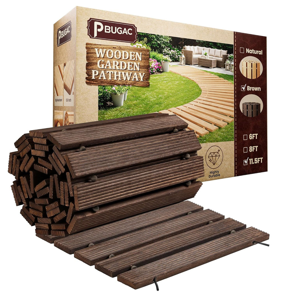 11.5FT Wooden Garden Pathway, Roll Out Walkway for Patio, Backyard and Outdoor Decor, Weatherproof, Non Slip and Easy to Install, Perfect for Beach, Wedding or Lawn (Brown)