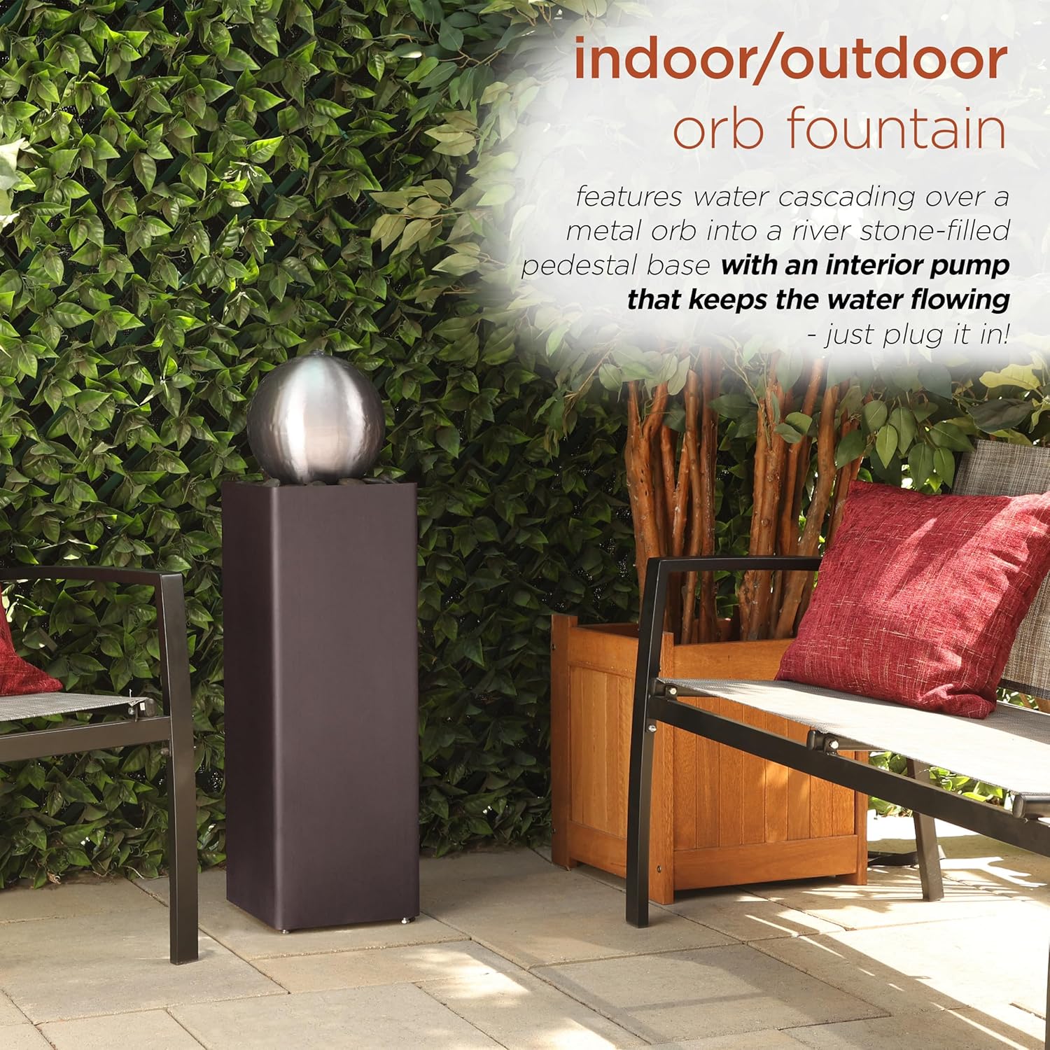 Alpine Corporation CPS188 Indoor Outdoor Modern Metal Orb Water Floor Fountain with River Rock Stone for Patio, Garden and Living Room, 37" H, Brown