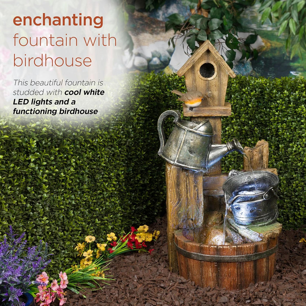 Alpine Corporation TZL280 Watering Can Barrel Birdhouse Fountain w/White LED Lights, Stylish Décor for Garden & Patio, 32" H