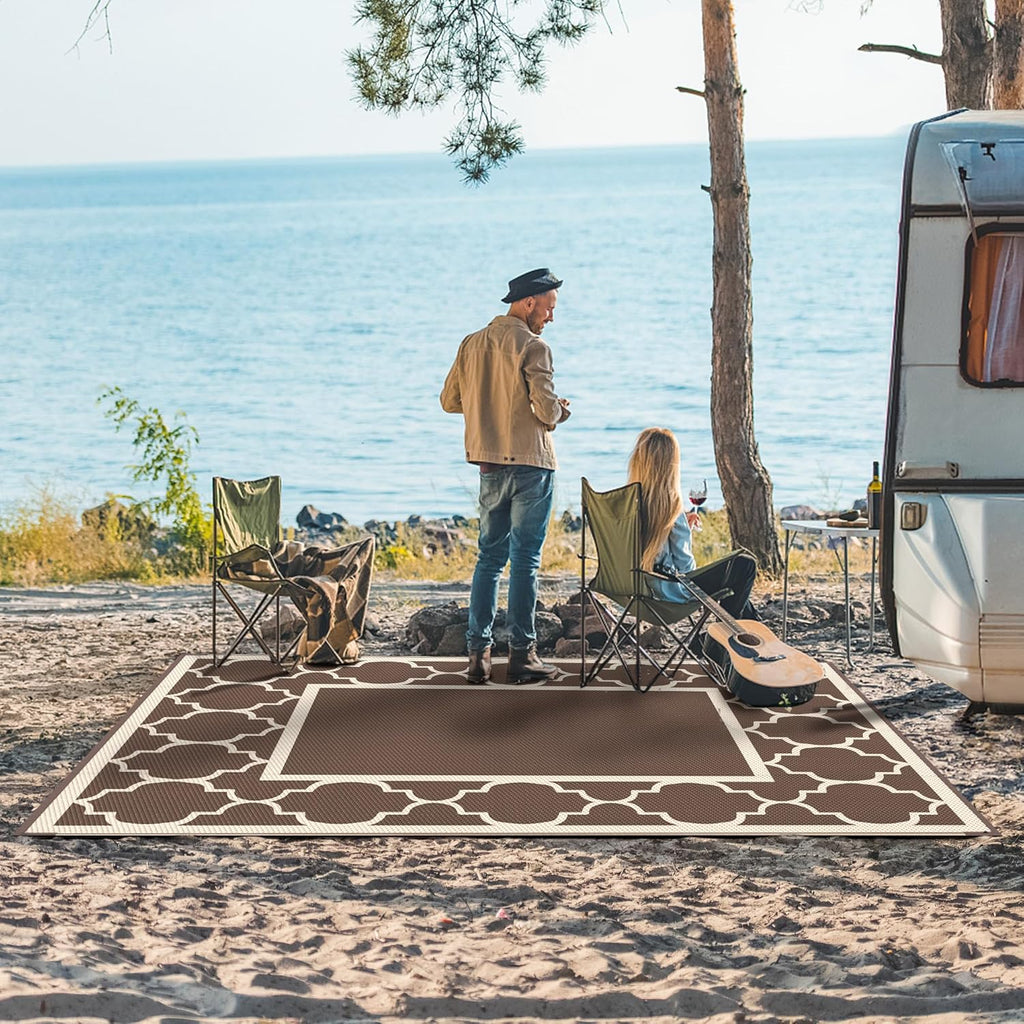GENIMO 6' x 9' Outdoor Rug Waterproof for Patio Decor, Foldable Reversible Plastic Straw Area Rugs Mat for Camper, Outside Carpet for Rv, Deck, Porch, Picnic, Beach, Balcony, Coffee & Beige