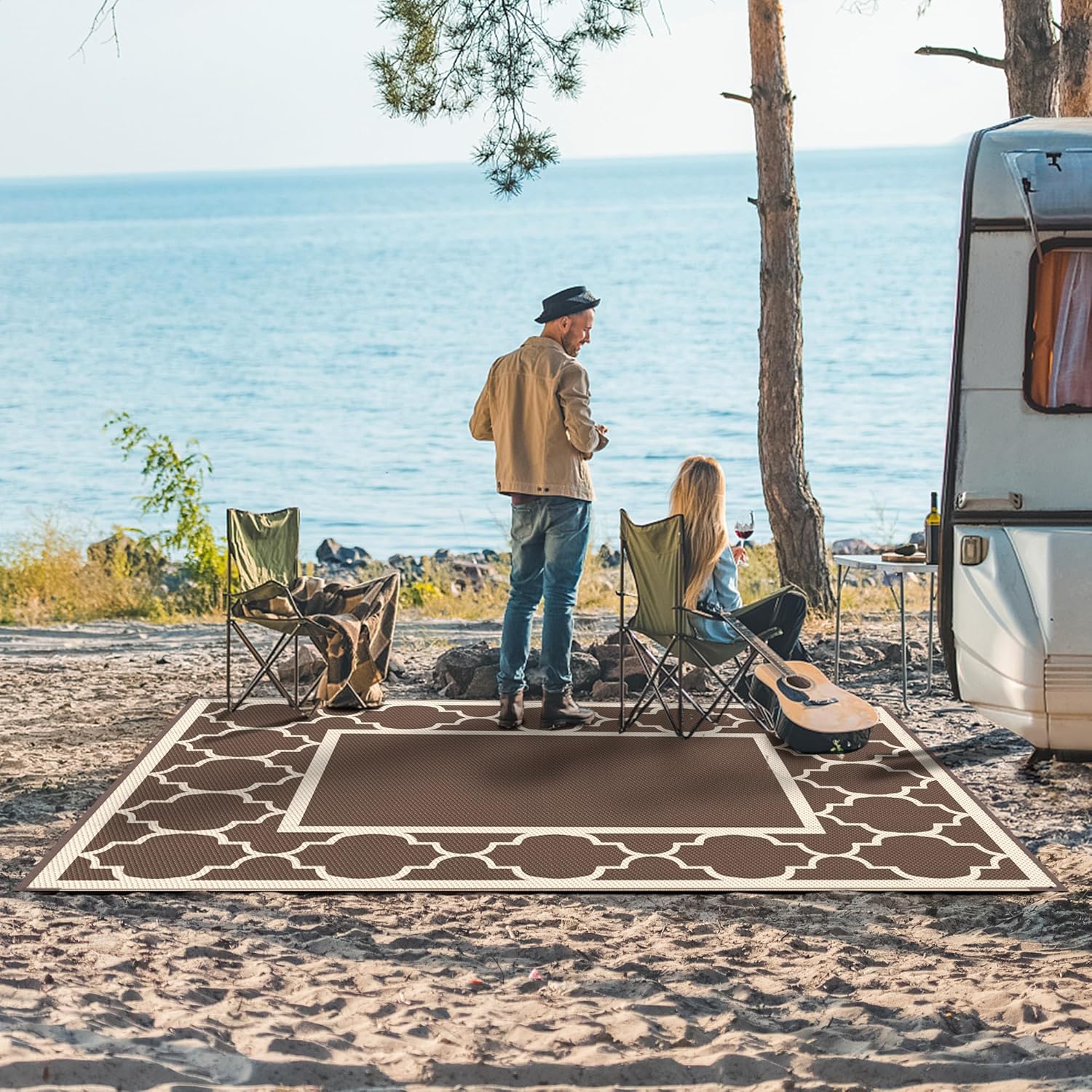 GENIMO 6' x 9' Outdoor Rug Waterproof for Patio Decor, Foldable Reversible Plastic Straw Area Rugs Mat for Camper, Outside Carpet for Rv, Deck, Porch, Picnic, Beach, Balcony, Coffee & Beige