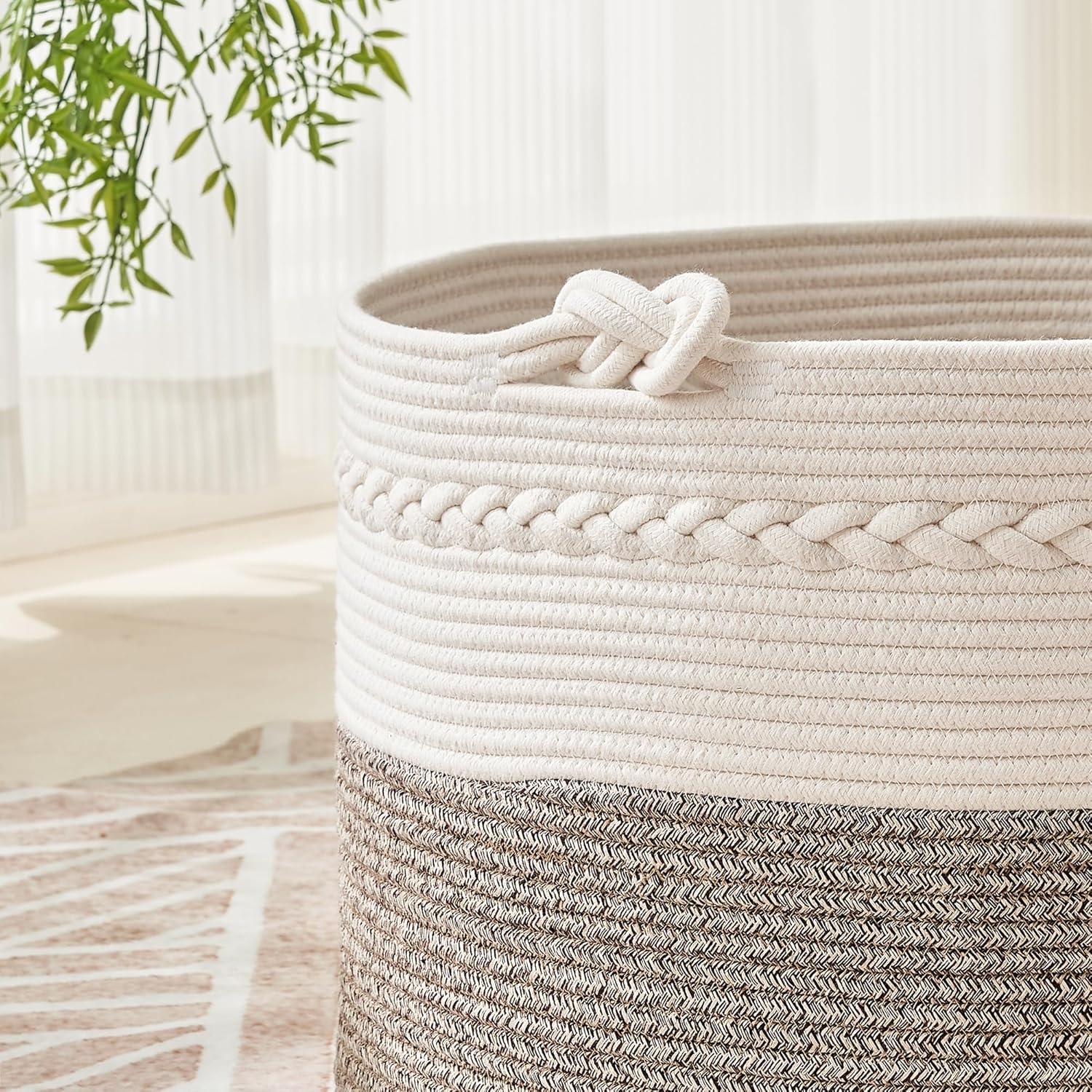 KAKAMAY Large Blanket Basket (20"x13"),Woven Baskets for storage Baby Laundry Hamper, Cotton Rope Blanket Basket for Living Room, Laundry, Nursery, Pillows, Baby Toy chest (White/Beige)