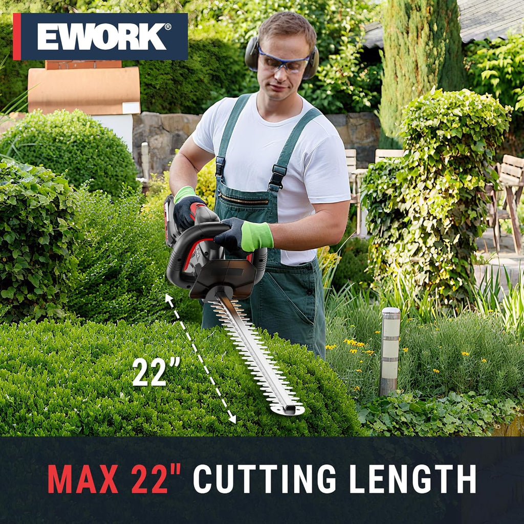 EWORK 20V 22-Inch Electric Hedge Trimmer Cordless 5/8" Cutting Capacity, Lightweight 4.3 Lbs, Battery Powered Bush Trimmer, Handheld Shrub Trimmers with Battery and Charger for Garden, Yard