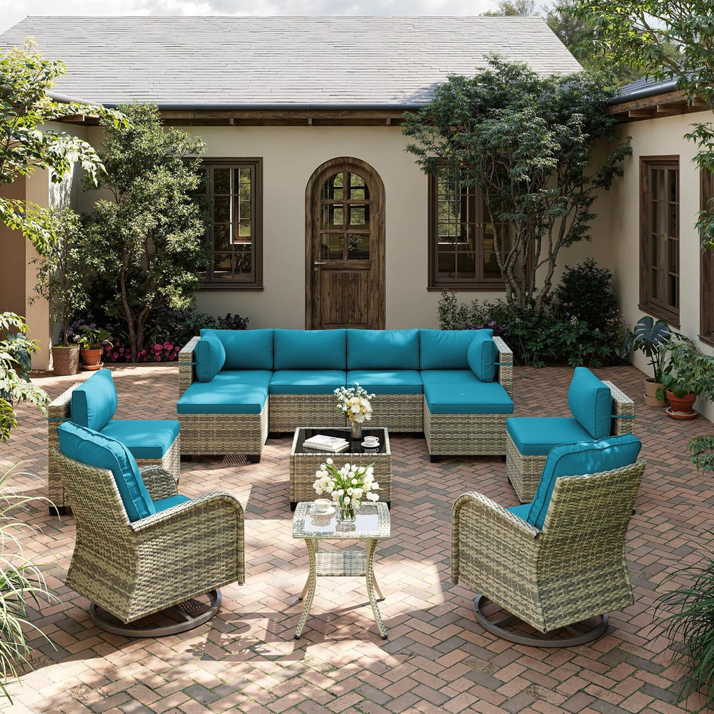 12-Piece Patio Furniture Set, Outdoor Patio Furniture with Swivel Chairs Set, Ottomans, Modular Patio Sofa, Dual-Strand Wicker Rattan, Rust-Resistant Frame, Lake Blue