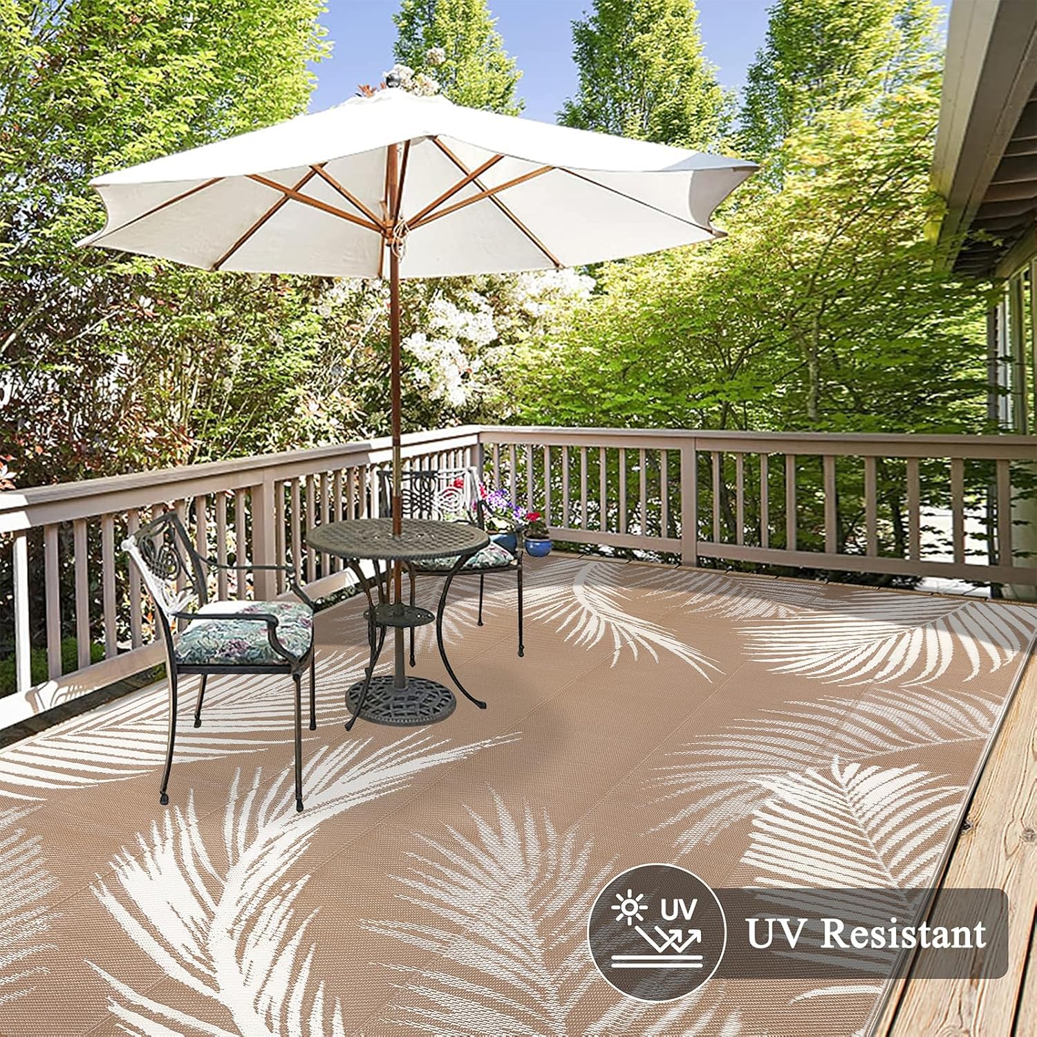 Pauwer Waterproof Outdoor Rug 10x14, Reversible Plastic Straw Patio Camping Rug, Indoor Outdoor RV Mat Carpet for Deck, Camper, Porch, Balcony, Backyard, Picnic, Leaf Brown