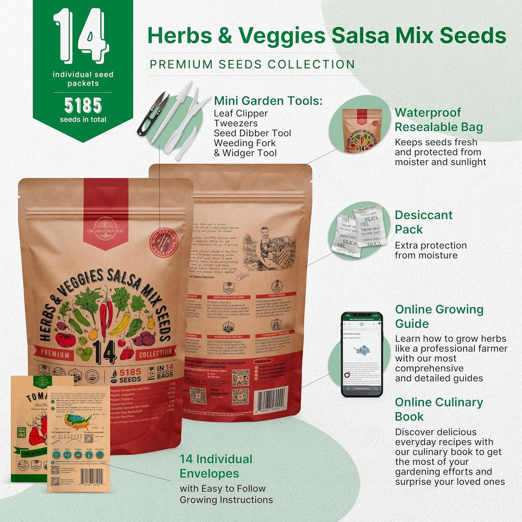 Organo Republic 14 Herbs & Veggies Salsa Mix Seeds Variety Pack - 5,180+ Non GMO Heirloom Herb, Tomato & Chili Pepper Seeds for Planting Outdoor & Indoor Home Gardening: Basil, Cilantro Onion, Peppers