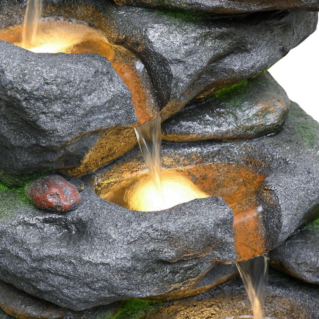 38" Outdoor Garden Water Fountain with Lights 5 Tiers Cascading Large Waterfall Floor Standing Fountain for Patio, Backyard, Deck, Porch and Home Art Decor