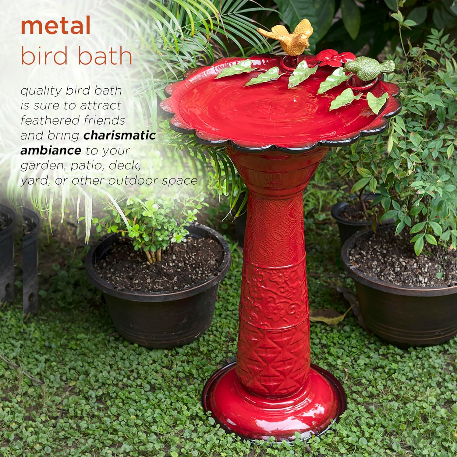 Alpine Corporation - 28" Tall Outdoor Metal Birdbath with Birds and Leaves Yard Statue Decoration, Red – Stunning Garden Accent to Attract Birds - Durable Construction for Patio, Deck, or Yard