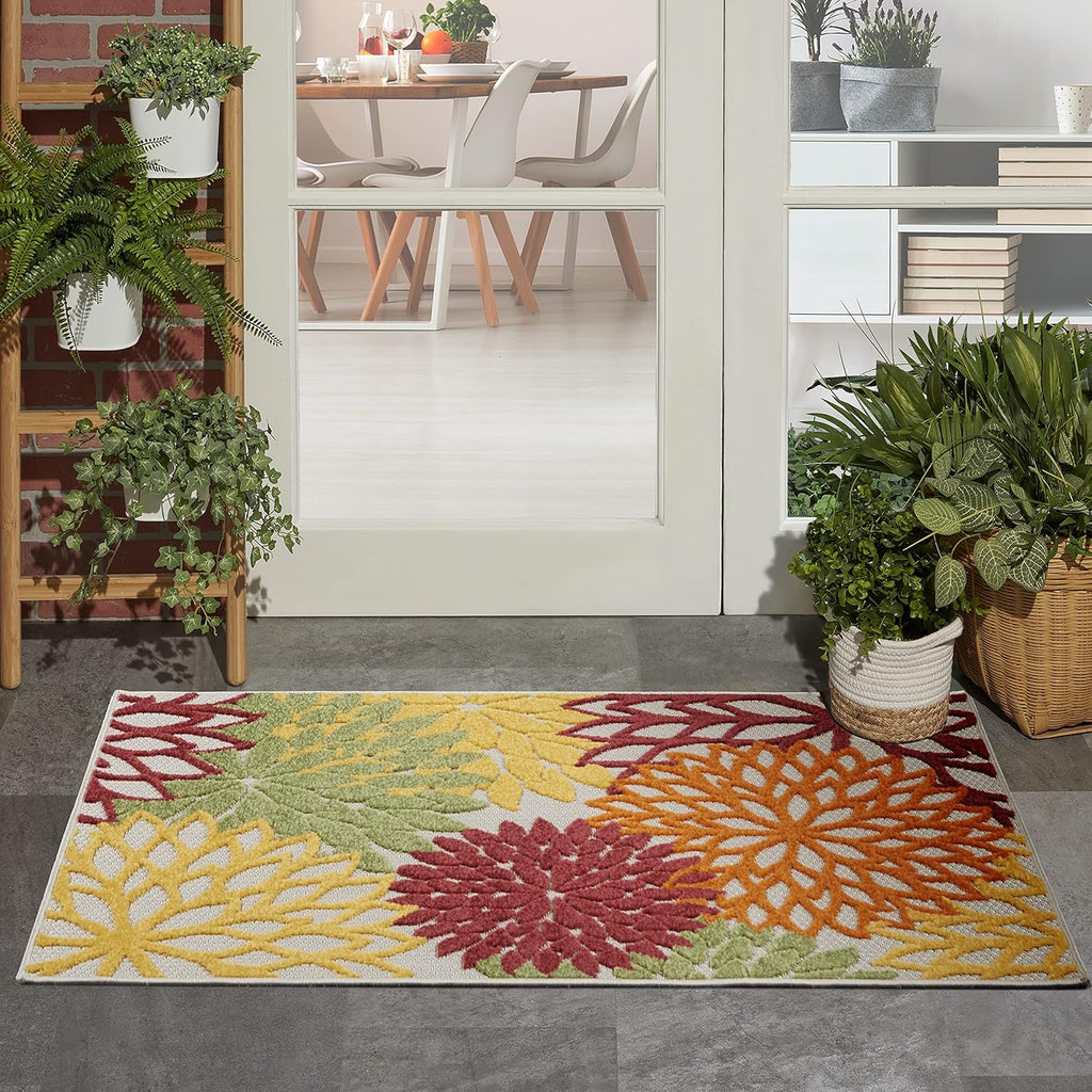 Nourison Home Aloha Indoor/Outdoor Floral Red Multi Colored 2'8" x 4' Area Rug, (3' x 4')