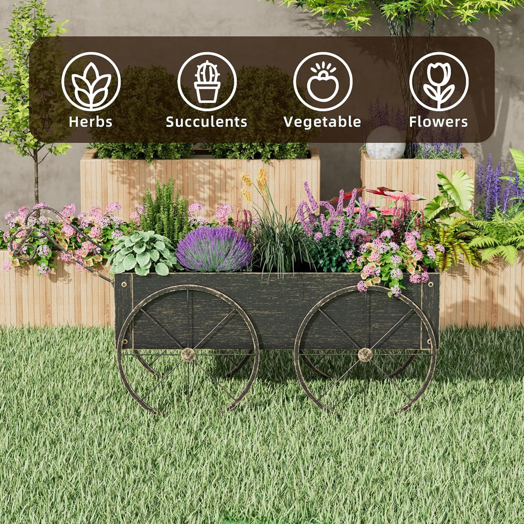 Metal Raised Garden Bed with Wagon Wheels, Small Wagon Planter Box Outdoor, Decorative Garden Planter Flower Cart for Flowers Herbs Vegetables, Patio and Balcony Decor (Golden)