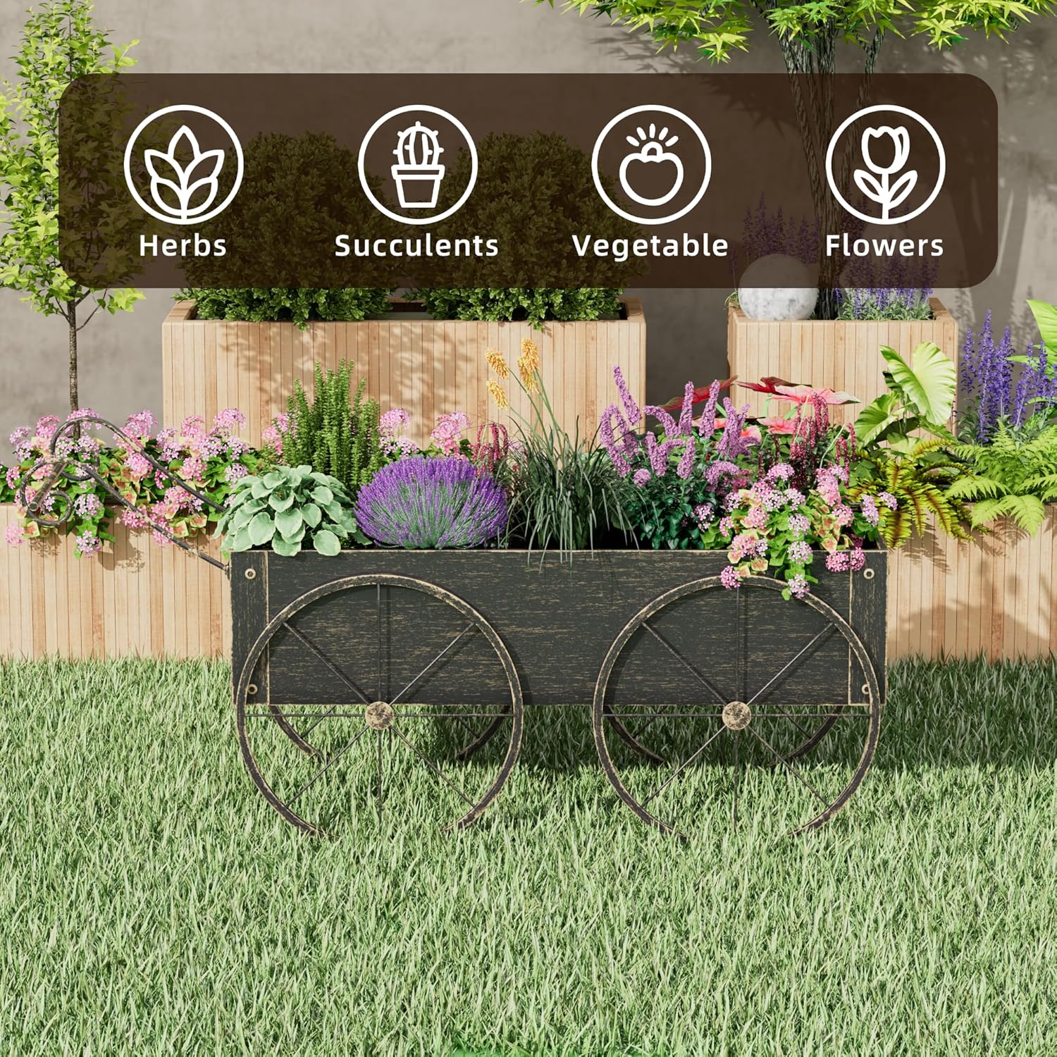 Metal Raised Garden Bed with Wagon Wheels, Small Wagon Planter Box Outdoor, Decorative Garden Planter Flower Cart for Flowers Herbs Vegetables, Patio and Balcony Decor (Golden)