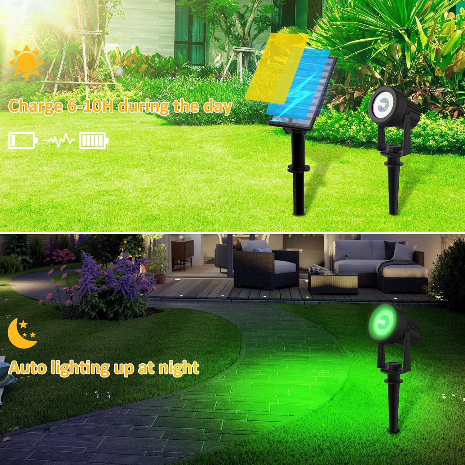 T-SUNUS Halloween Color Changing Solar Landscape Spotlights 2 Pack, IP65 Waterproof Christmas Lights 9.8ft Cable, Outdoor RGB Spot Light Separated Panel for Flag Tree Yard Garden Driveway Walkway Pond