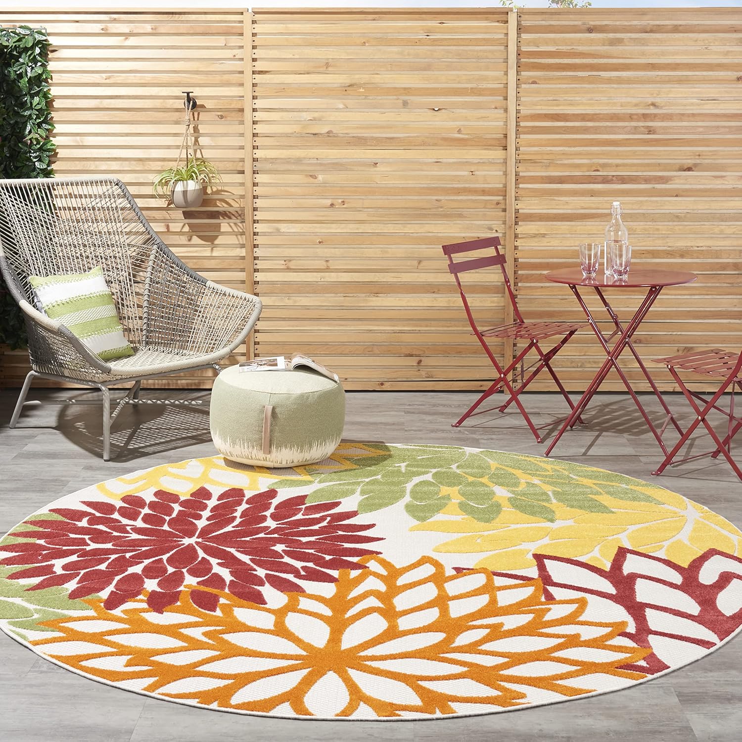 Nourison Home Aloha 94" Round Fabric Indoor/Outdoor Rug in Red Multi-Color