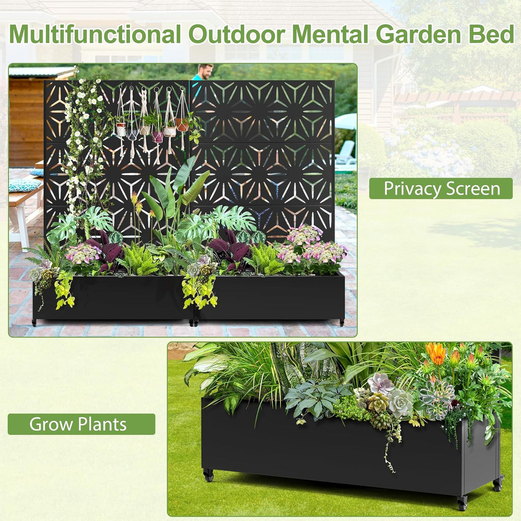 Raised Garden Bed with Trellis and Wheels,73"x47"x16" Metal Raised Garden Bed,Black Star Metal Planter with Climbing Trellis for Vines & Vegetables