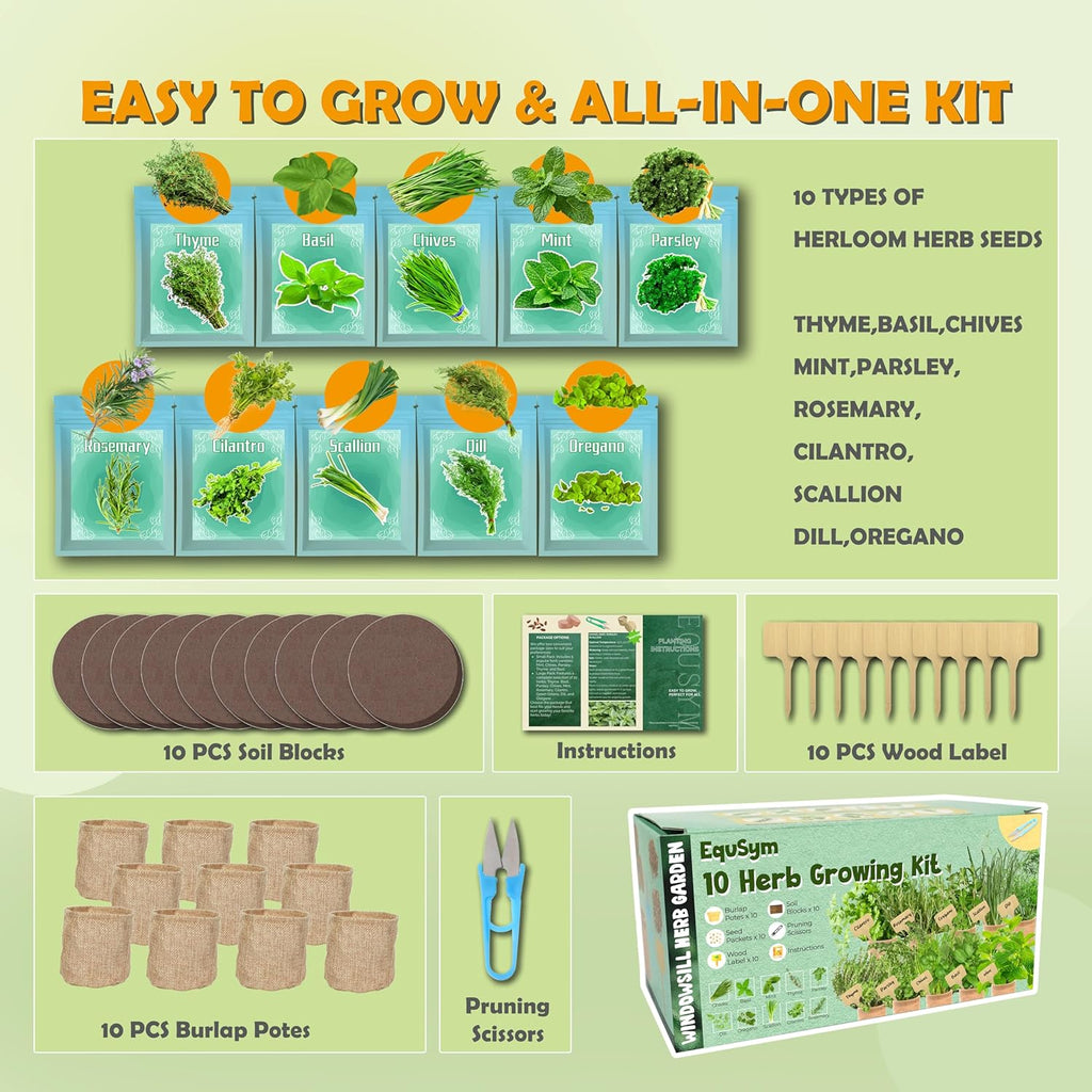 10 Herb Window Garden Kit Indoor - Herb Seeds for Indoor & Outdoor Gardening, Seeds for Planting, Gardening Gift for Kid Mother's Day Women, Complete Herb Growing Kit with Pots, Soil, Basil, Mint