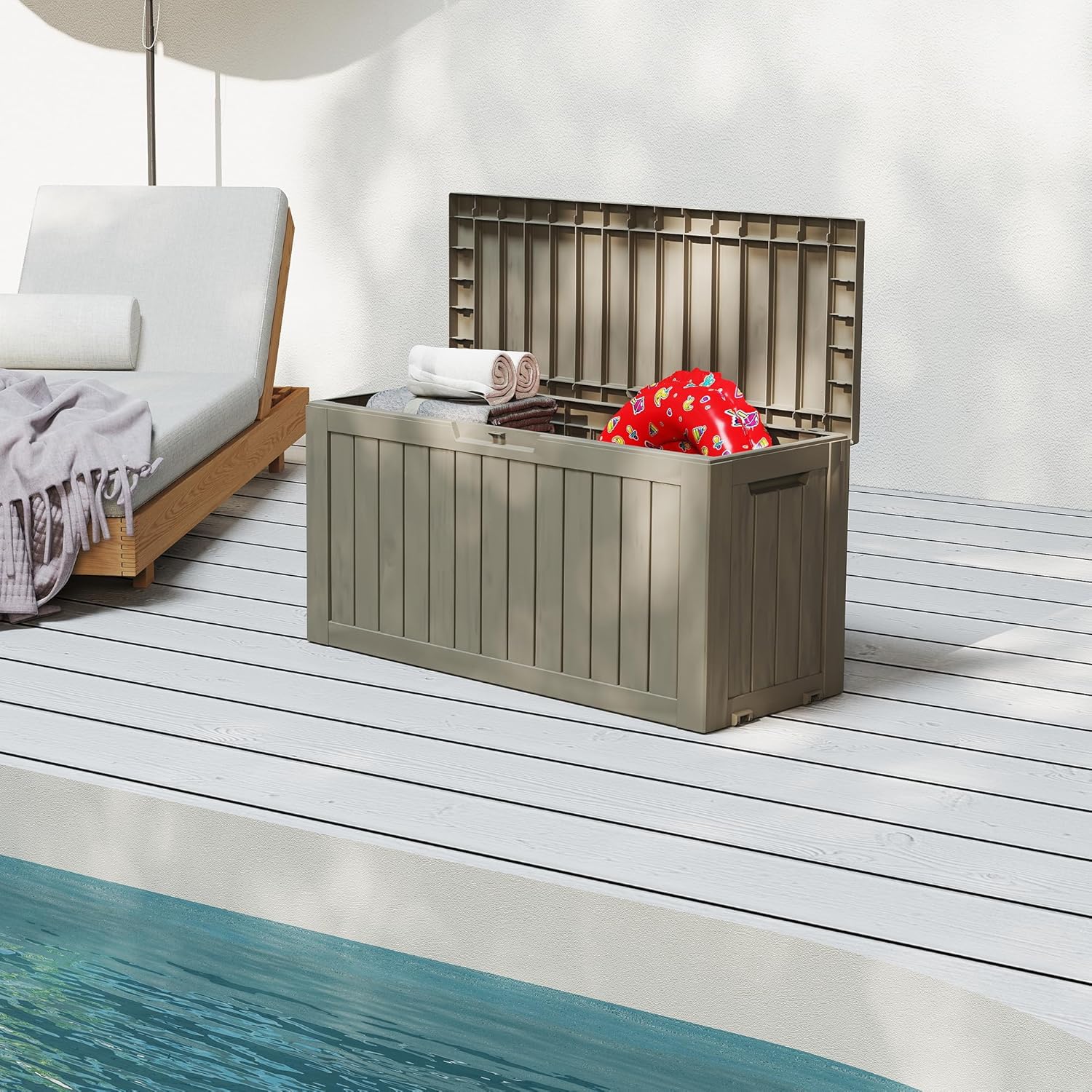 75 Gallon Waterproof Large Resin Deck Box Indoor/Outdoor Lockable Storage Container and Seating for Garden, Pool, and Patio (75 Gallon, Grey)