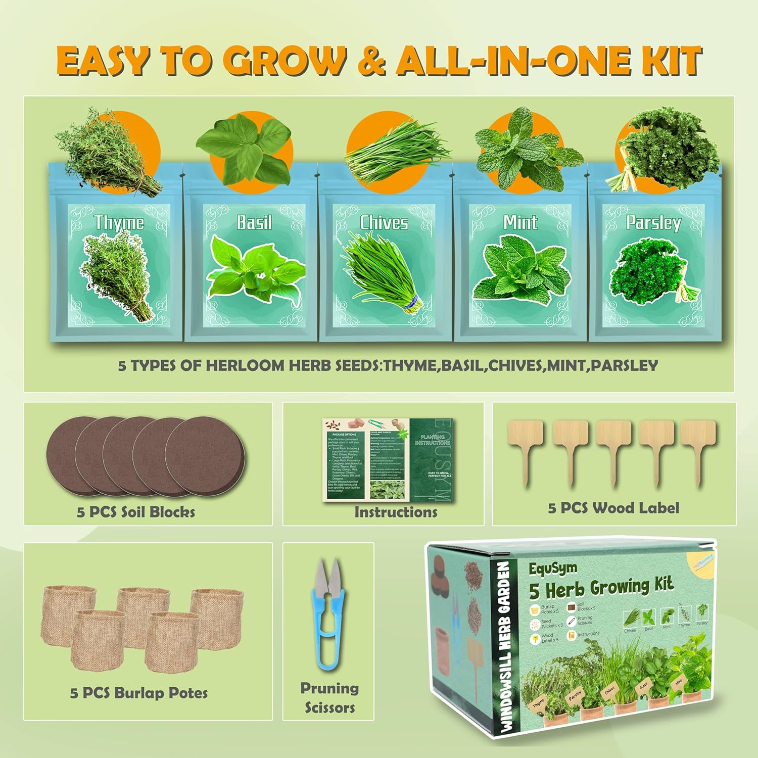 5 Herb Window Garden Kit Indoor - Herb Seeds for Indoor & Outdoor Planting, Gardening Gift for Kids, Moms, Women, Beginners - Complete Starter Kit with Pots, Soil, Basil, Mint, Thyme, Parsley