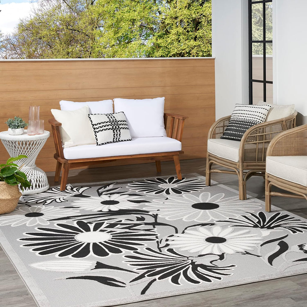 Nourison Home Aloha Indoor/Outdoor Black White 5'3" x 7'5" Area Rug, Easy Cleaning, Non Shedding, Bed Room, Living Room, Dining Room, Kitchen (5x7)