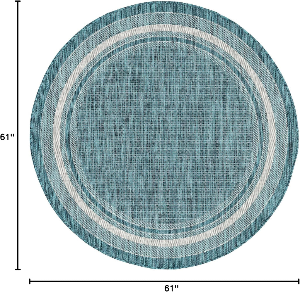 Unique Loom Outdoor Border Collection Area Rug - Soft Border (5' 1" Round, Teal/ Ivory)
