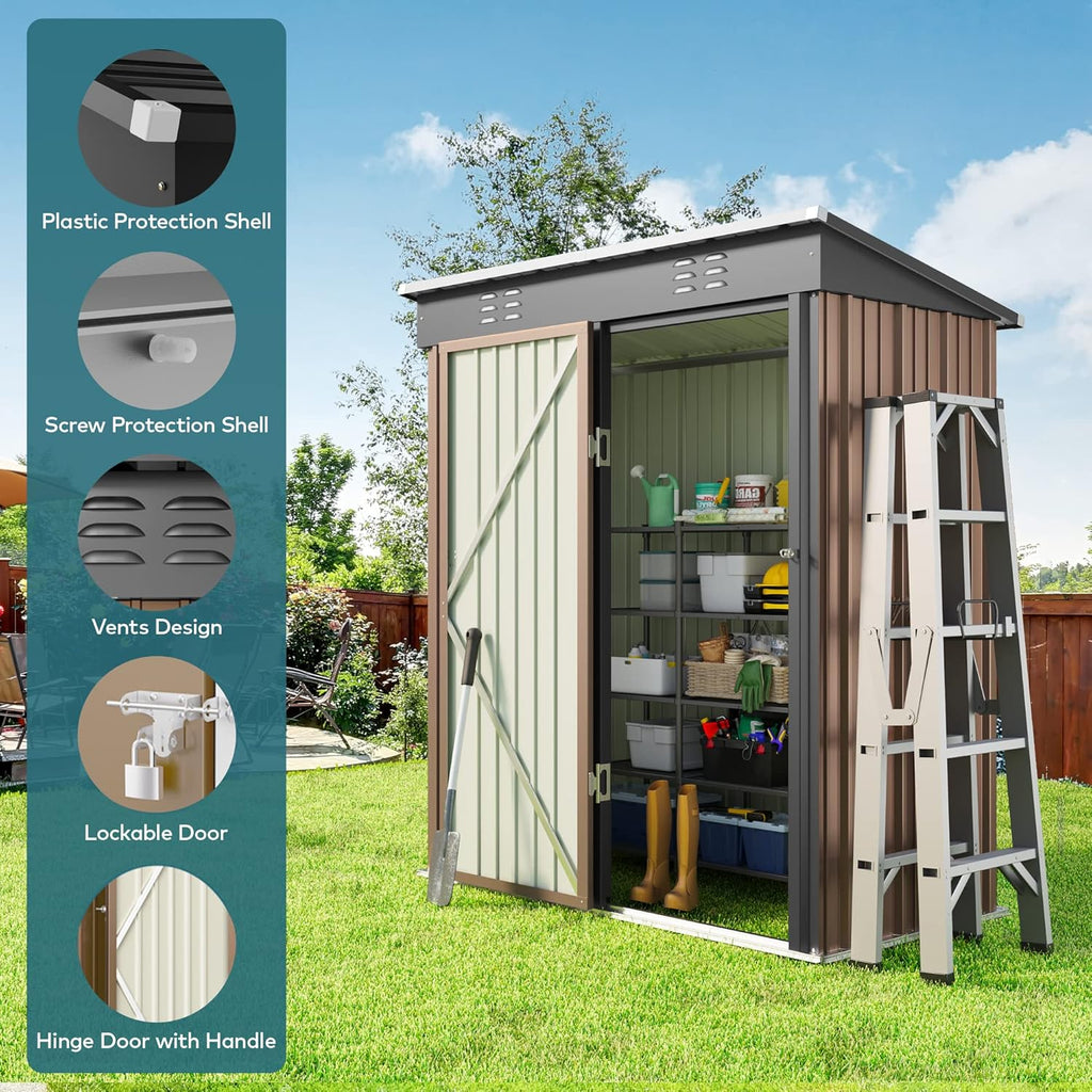 Gizoon 5' x 3' Outdoor Storage Shed with Singe Lockable Door,Galvanized Metal Shed with Air Vent Suitable for The Garden,Tiny House Storage Sheds Outdoor for Backyard Patio Lawn-Brown